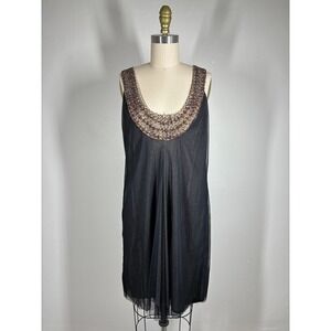 ALEXIA ADMOR Black Beaded Neckline Tulle Mesh Overlay Dress Large Metallic Boho